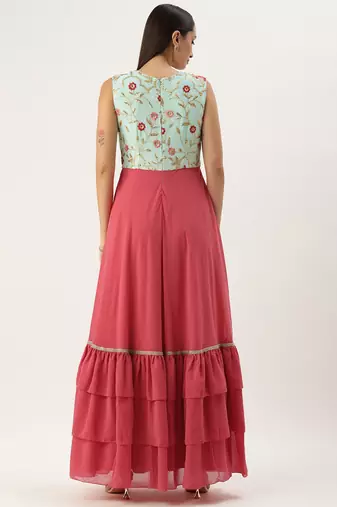 Ethnovog Ready To Wear Blue Chinon N Pink Georgette Gown