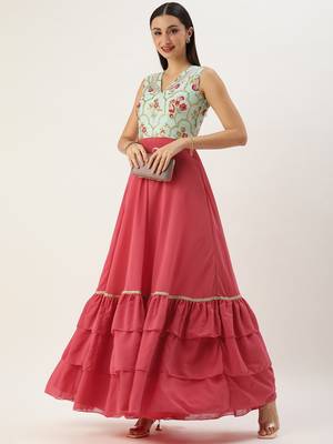 Ethnovog Ready To Wear Blue Chinon N Pink Georgette Gown 5