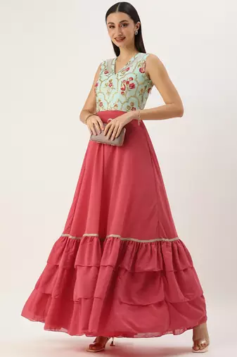 Ethnovog Ready To Wear Blue Chinon N Pink Georgette Gown
