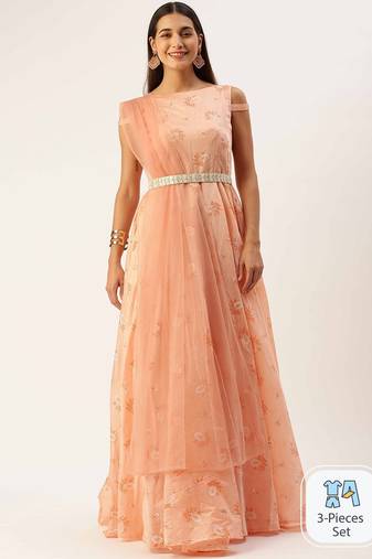 Ethnovog Ready To Wear Peach Foil Printed Cotton Gown