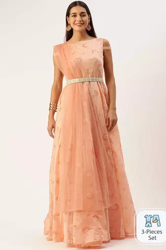 Ethnovog Ready To Wear Peach Foil Printed Cotton Gown