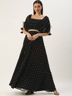 Ethnovog Ready To Wear Black Georgette Embroidered Overlap Draped Gown 1