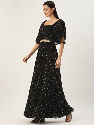 Ethnovog Ready To Wear Black Georgette Embroidered Overlap Draped Gown 3