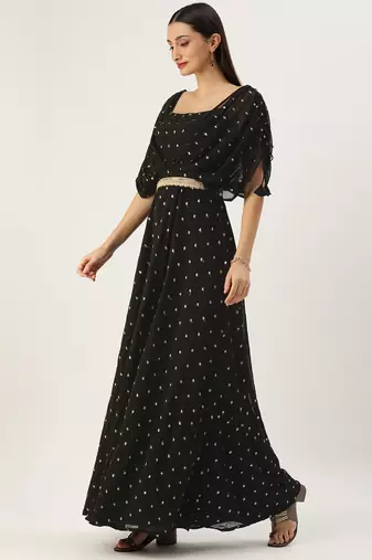 Ethnovog Ready To Wear Black Georgette Embroidered Overlap Draped Gown