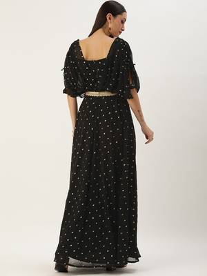 Ethnovog Ready To Wear Black Georgette Embroidered Overlap Draped Gown 4