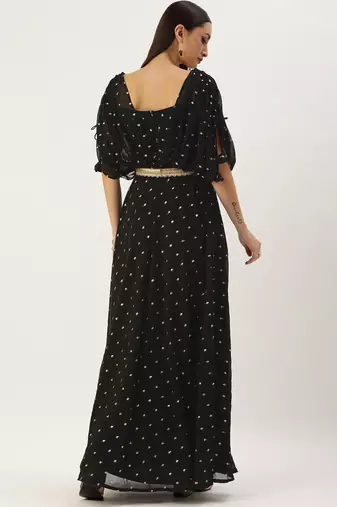 Ethnovog Ready To Wear Black Georgette Embroidered Overlap Draped Gown