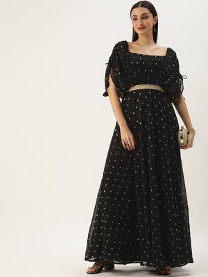 Ethnovog Ready To Wear Black Georgette Embroidered Overlap Draped Gown 5