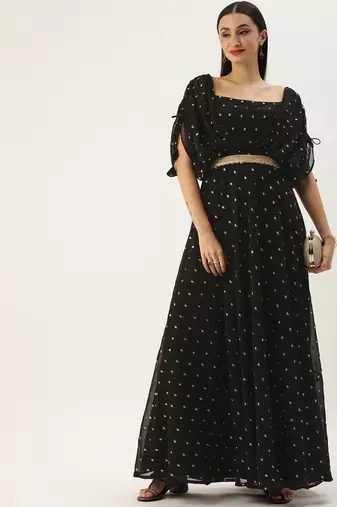 Ethnovog Ready To Wear Black Georgette Embroidered Overlap Draped Gown