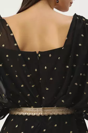 Ethnovog Ready To Wear Black Georgette Embroidered Overlap Draped Gown