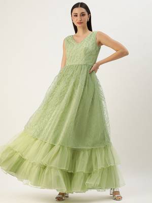Ethnovog Ready To Wear Green Glitter Foil V Neck Gown 1