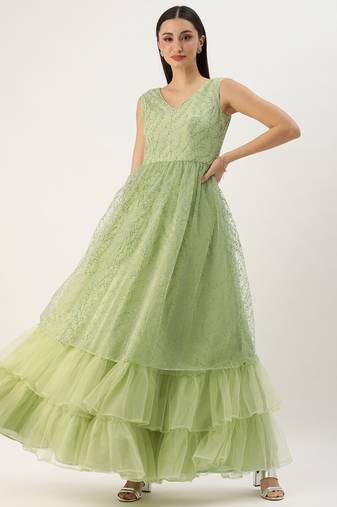 Ethnovog Ready To Wear Green Glitter Foil V Neck Gown