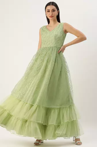 Ethnovog Ready To Wear Green Glitter Foil V Neck Gown