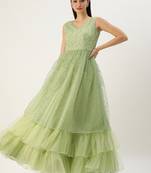 Ethnovog Ready To Wear Green Glitter Foil V Neck Gown
