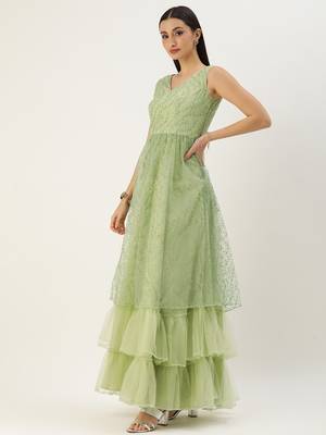 Ethnovog Ready To Wear Green Glitter Foil V Neck Gown 3