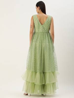 Ethnovog Ready To Wear Green Glitter Foil V Neck Gown 4