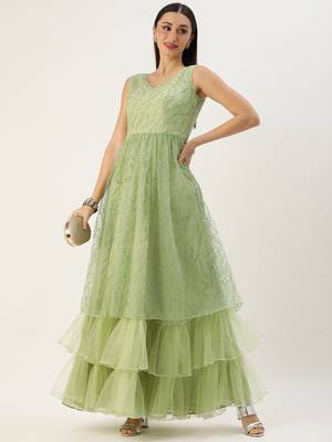 Ethnovog Ready To Wear Green Glitter Foil V Neck Gown 5