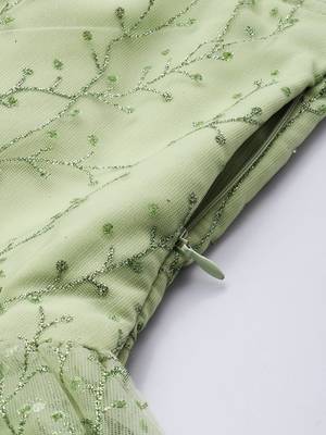 Ethnovog Ready To Wear Green Glitter Foil V Neck Gown 6