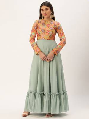 Ethnovog Ready To Wear Multicolored Embroidered N Green Georgette Gown 1