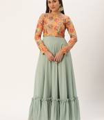 Ethnovog Ready To Wear Multicolored Embroidered N Green Georgette Gown