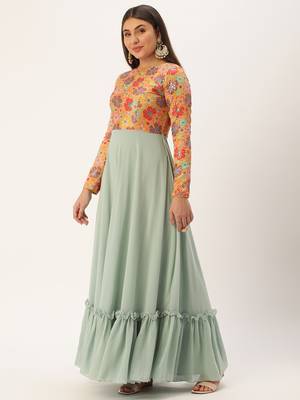 Ethnovog Ready To Wear Multicolored Embroidered N Green Georgette Gown 3