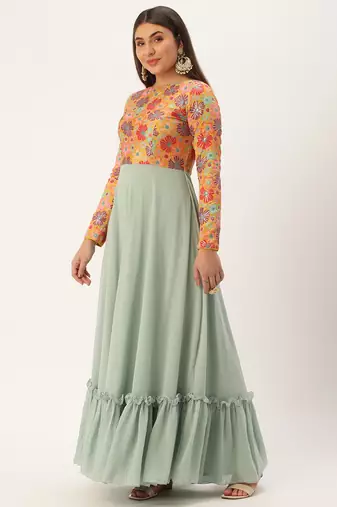 Ethnovog Ready To Wear Multicolored Embroidered N Green Georgette Gown