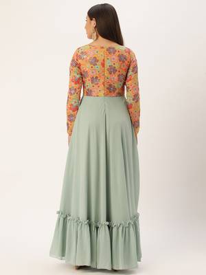 Ethnovog Ready To Wear Multicolored Embroidered N Green Georgette Gown 4