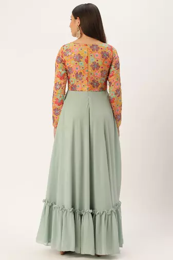 Ethnovog Ready To Wear Multicolored Embroidered N Green Georgette Gown