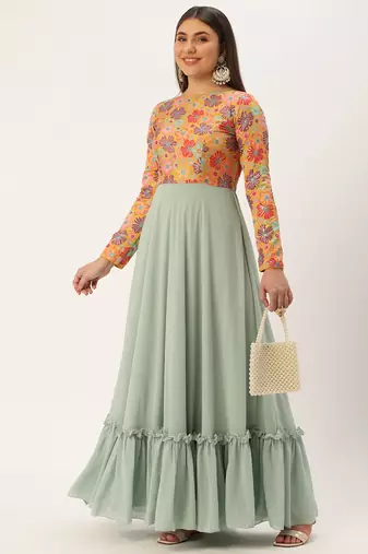 Ethnovog Ready To Wear Multicolored Embroidered N Green Georgette Gown