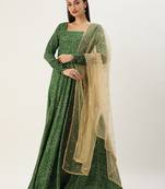 Ethnovog Ready To Wear Green Bandhani Printed Rayon Gown With Dupatta Set