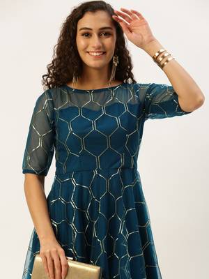Ethnovog Ready To Wear Blue Net Embroidered Floor Length Gown 2