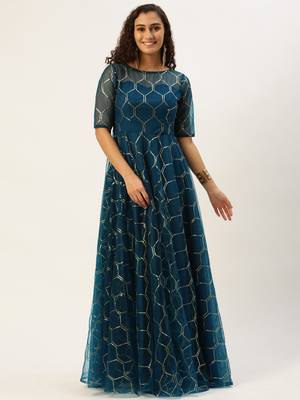 Ethnovog Ready To Wear Blue Net Embroidered Floor Length Gown 4