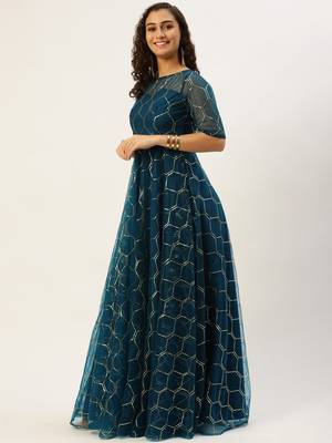 Ethnovog Ready To Wear Blue Net Embroidered Floor Length Gown 5