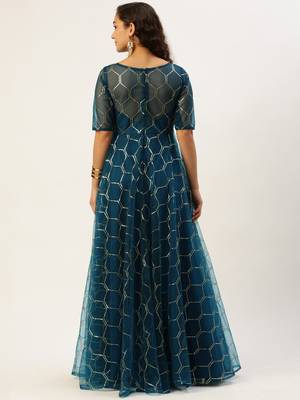 Ethnovog Ready To Wear Blue Net Embroidered Floor Length Gown 6