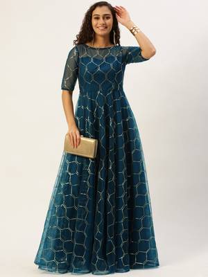 Ethnovog Ready To Wear Blue Net Embroidered Floor Length Gown 1