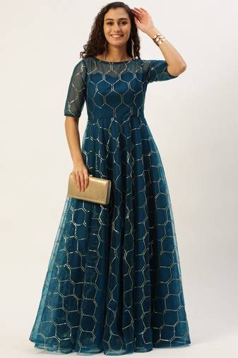 Ethnovog Ready To Wear Blue Net Embroidered Floor Length Gown