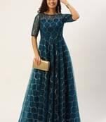 Ethnovog Ready To Wear Blue Net Embroidered Floor Length Gown