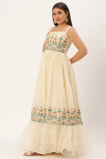 Ethnovog Ready To Wear Off White Gota Patti Cotton Embroidered Gown