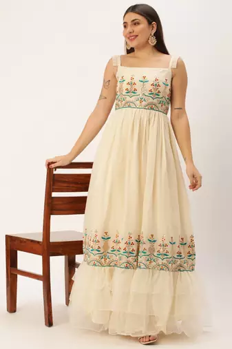 Ethnovog Ready To Wear Off White Gota Patti Cotton Embroidered Gown