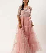 Ethnovog Ready To Wear White Embroidered Organza N Peach Net Gown