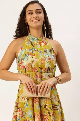 Ethnovog Ready To Wear Yellow Printed Halter Neck Georgette