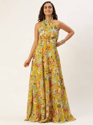 Ethnovog Ready To Wear Yellow Printed Halter Neck Georgette 4