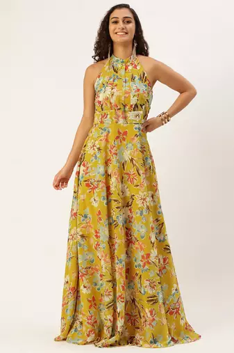 Ethnovog Ready To Wear Yellow Printed Halter Neck Georgette