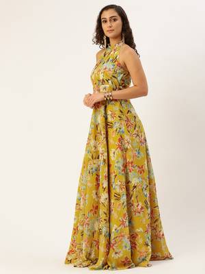 Ethnovog Ready To Wear Yellow Printed Halter Neck Georgette 5