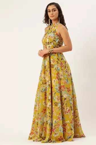 Ethnovog Ready To Wear Yellow Printed Halter Neck Georgette