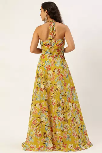 Ethnovog Ready To Wear Yellow Printed Halter Neck Georgette