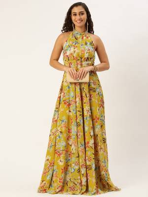 Ethnovog Ready To Wear Yellow Printed Halter Neck Georgette 1
