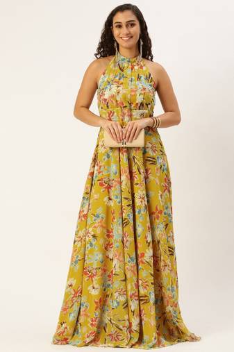 Ethnovog Ready To Wear Yellow Printed Halter Neck Georgette