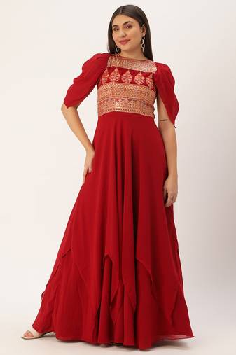Ethnovog Ready To Wear Maroon Georgette Embroidered Gown