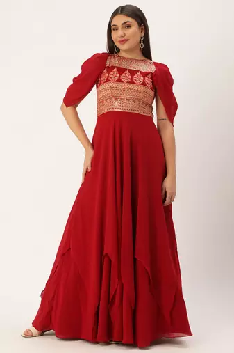 Ethnovog Ready To Wear Maroon Georgette Embroidered Gown