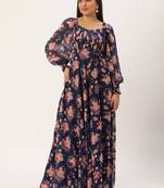Ethnovog Ready To Wear Blue Georgette Printed Pleated Yoke Gown